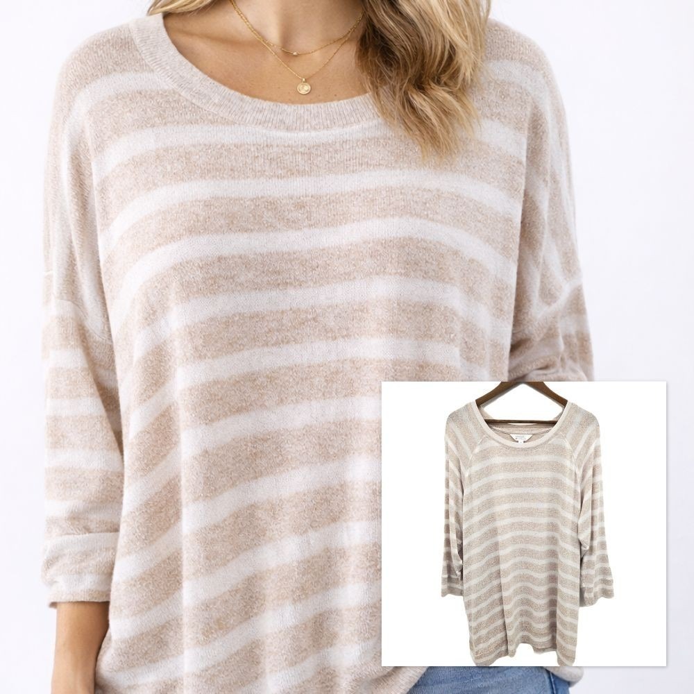 Market Spruce‎ Oversized Sweater Striped Knit Pullover Top Beige 3X